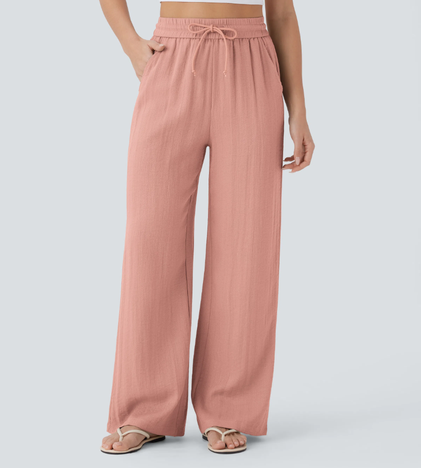 High Waisted Drawstring Pocket Wide Leg Casual Linen-Feel Trousers