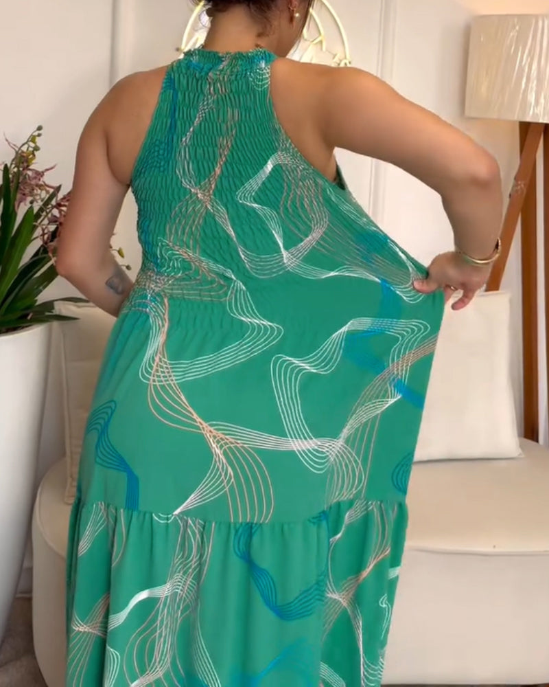Abstract Line Print Halter Sleeveless Ruffle Hem Dress Casual Shirred Cinched Waist Maxi Dress