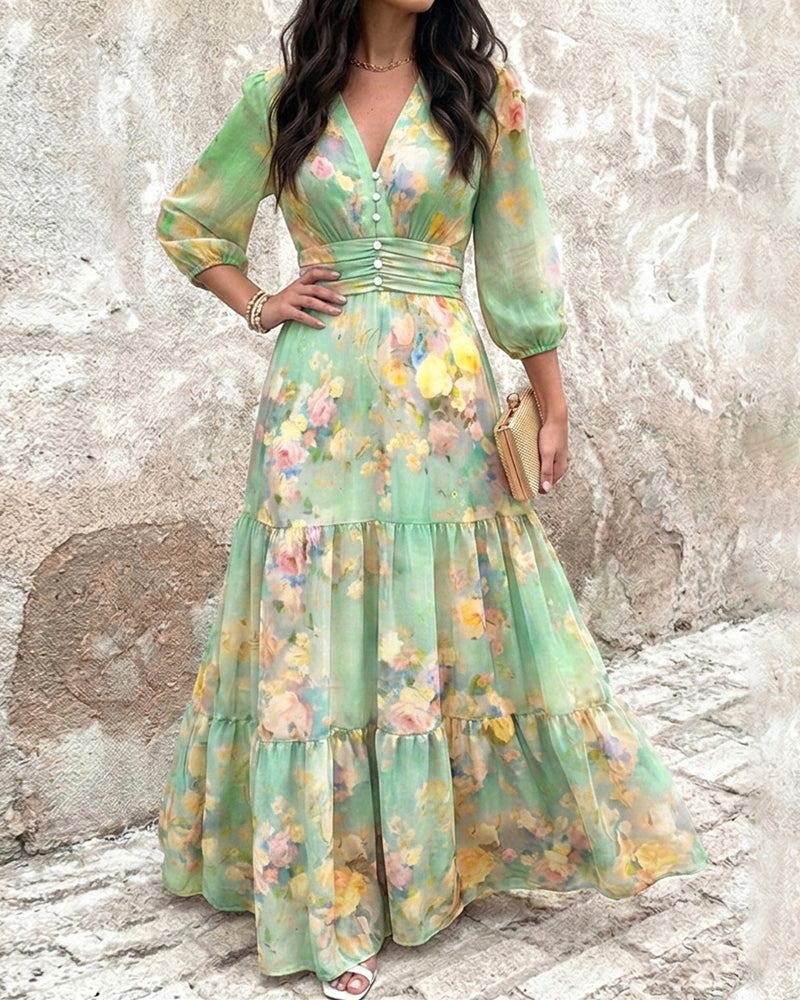 Women's Watercolor Floral V-Neck Shirred High Waist Maxi Dress Three Quarters Lantern Sleeve A-Line Ruffle Hem Chiffon Vacation Dress