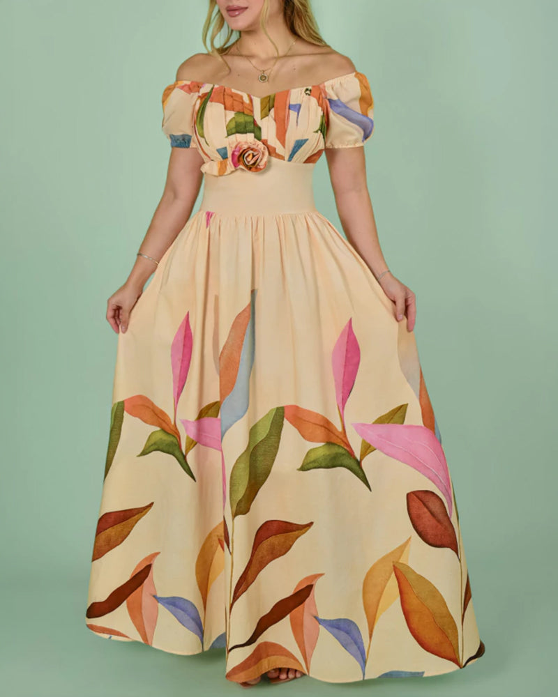 Women's Botanical Print Maxi Dress Vintage Puff Sleeve V-Neck A-Line Dress 3D Flower Detail Shirred Back Vacation Dress with Pockets