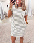 Women's Striped Tee Dress Casual Loose Short Sleeve Mini Dress Crewneck Loungewear with Pockets