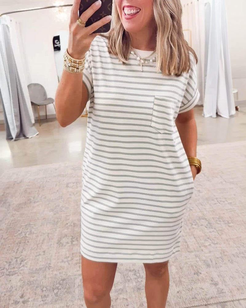 Women's Striped Tee Dress Casual Loose Short Sleeve Mini Dress Crewneck Loungewear with Pockets