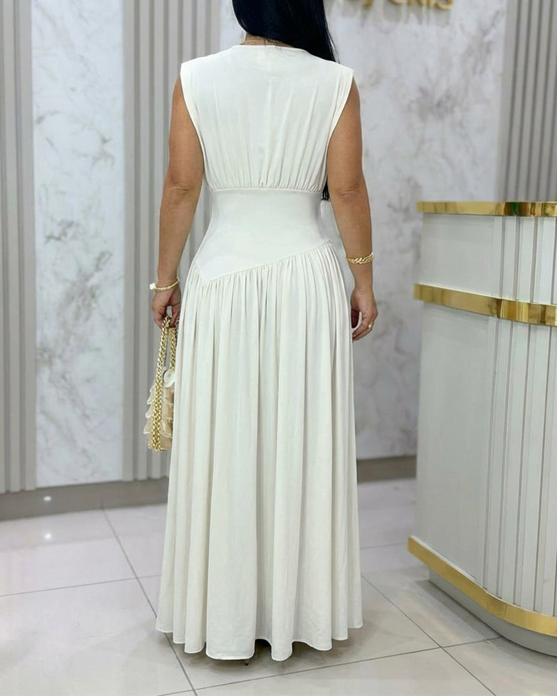 Women's Deep V-Neck Ruched Maxi Dress Elegant Front & Back Reversible Flowy Gown High-Waisted A-Line Evening Party Dress
