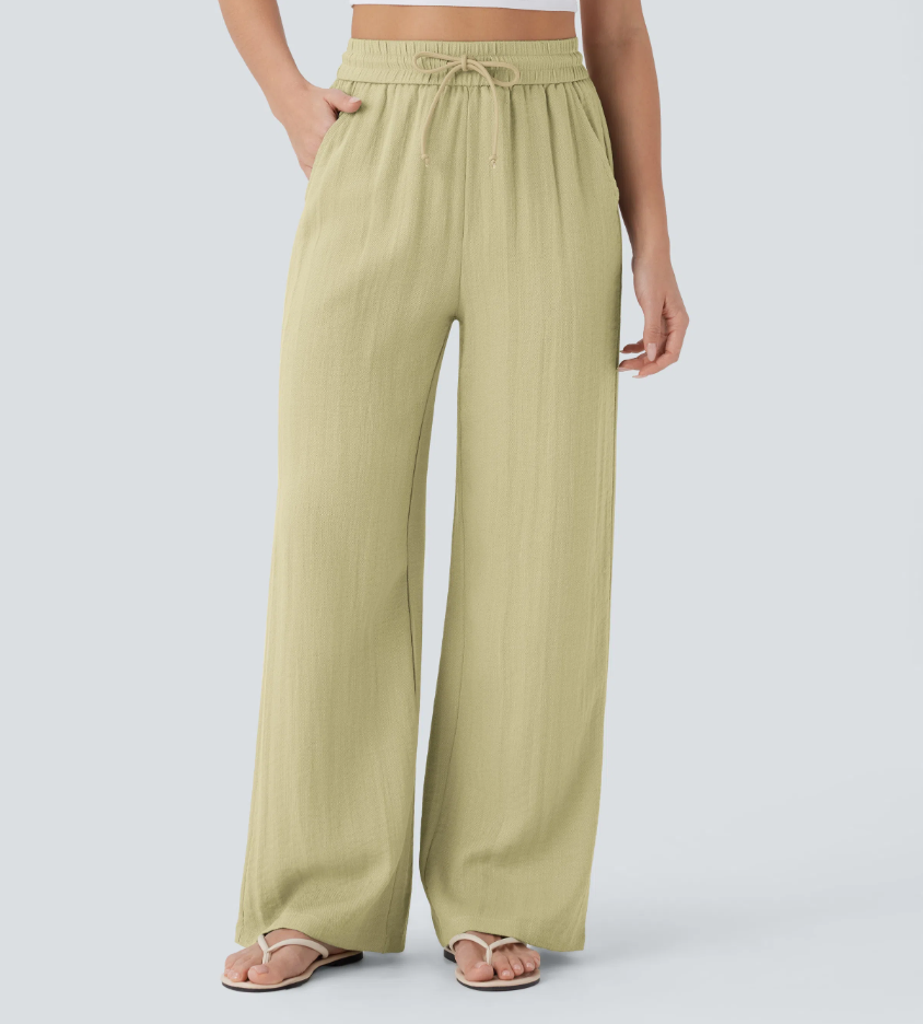 High Waisted Drawstring Pocket Wide Leg Casual Linen-Feel Trousers