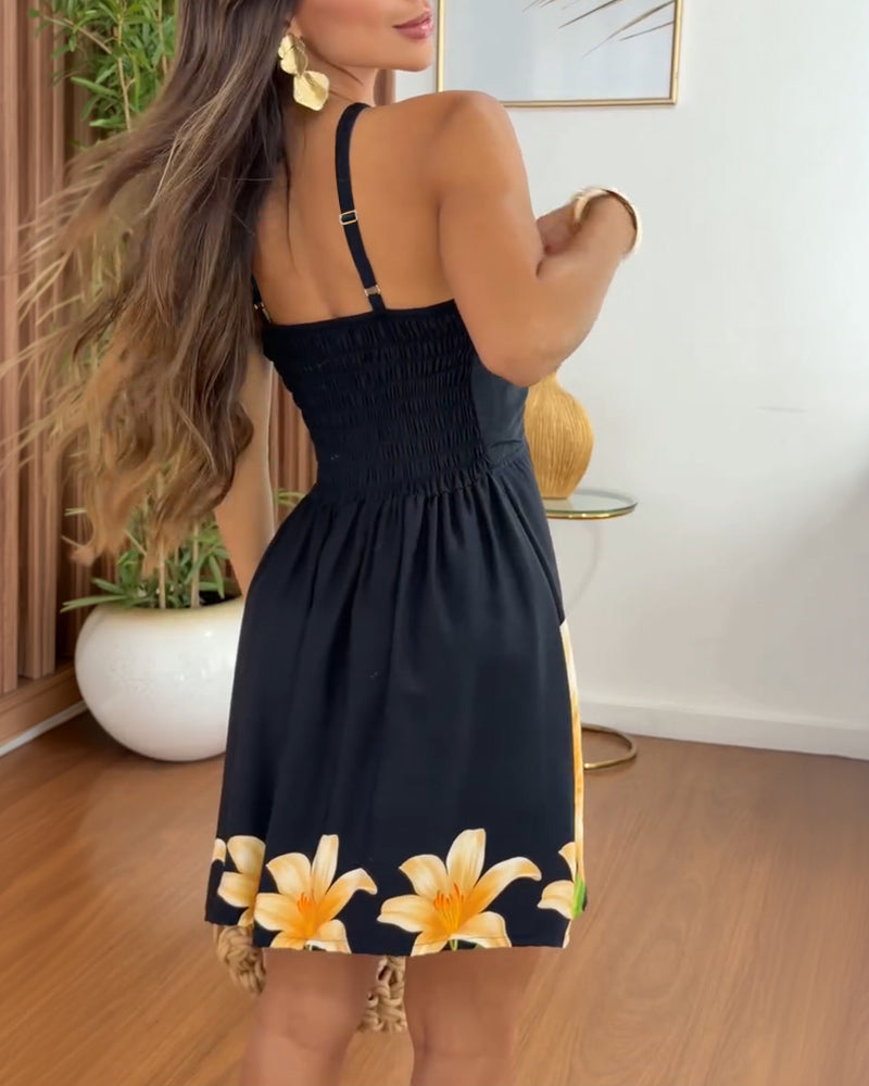 Women's Floral Print Halter Dress Criss-Cross Hollow-out Mini Dress Shirred Back High Waist A-Line Sundress
