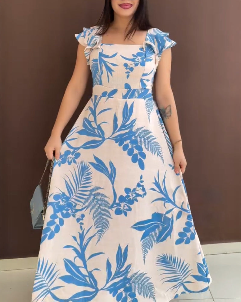 Tropical Plants Print Square Neck Flutter Sleeve Backless Maxi Dress Casual Shirred Back Cinched Waist Vacation Dress
