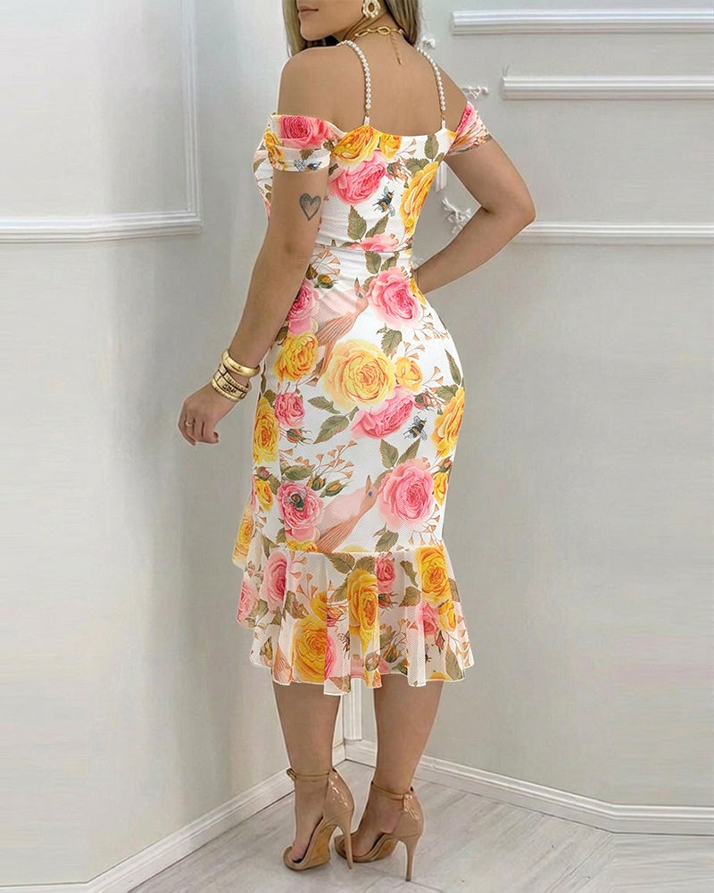 Women's Watercolor Rose Print Mesh Asymmetrical Hem Dress Pearl Beaded Stretchy Straps Cowl Neck Ruched Side Slit Bodycon Dress