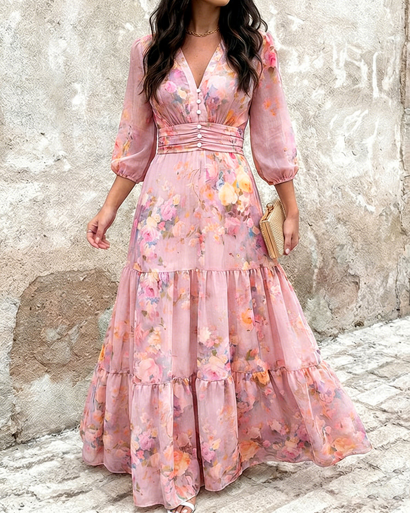 Women's Watercolor Floral V-Neck Shirred High Waist Maxi Dress Three Quarters Lantern Sleeve A-Line Ruffle Hem Chiffon Vacation Dress