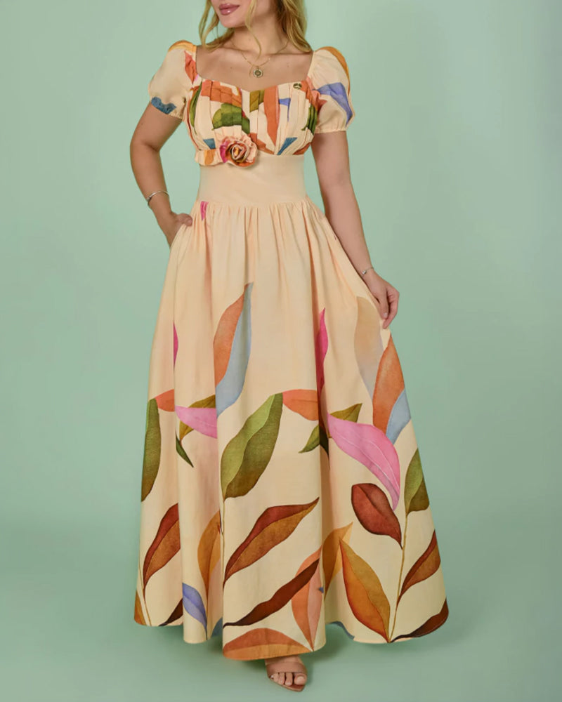 Women's Botanical Print Maxi Dress Vintage Puff Sleeve V-Neck A-Line Dress 3D Flower Detail Shirred Back Vacation Dress with Pockets