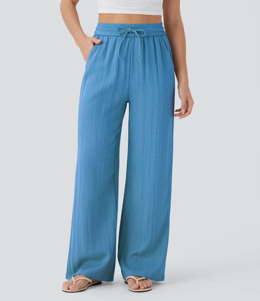 High Waisted Drawstring Pocket Wide Leg Casual Linen-Feel Trousers