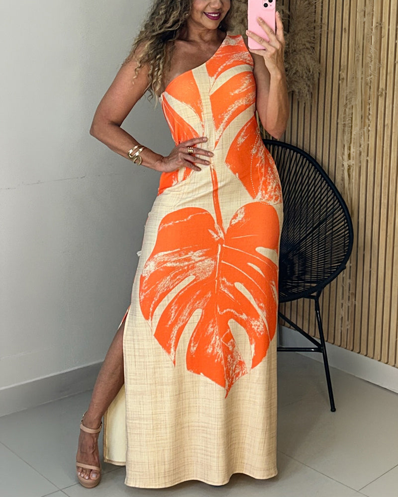 Women's Tropical Monstera Leaf Print One Shoulder Maxi Dress Side Slit Bodycon Dress with Pockets and Zipper