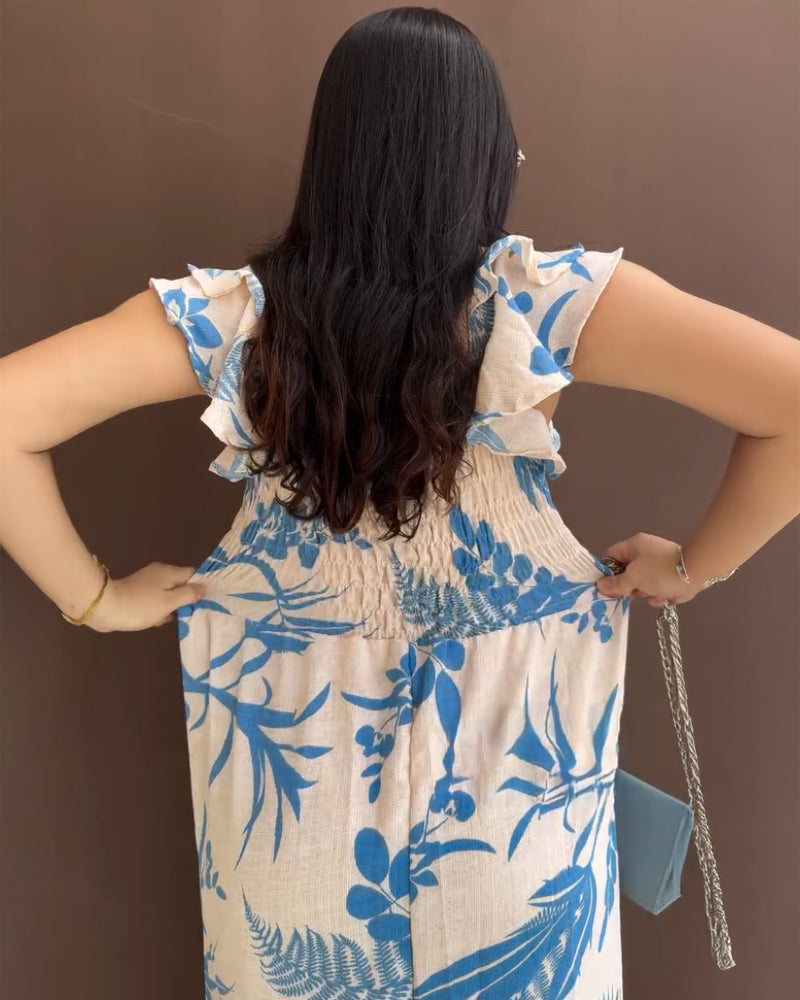 Tropical Plants Print Square Neck Flutter Sleeve Backless Maxi Dress Casual Shirred Back Cinched Waist Vacation Dress