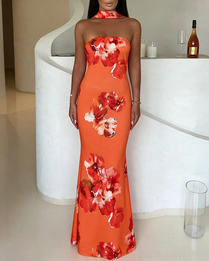 CHICME Women's Tropical Floral Print Mermaid Maxi Dress Convertible Halter Tube Dress Sleeveless Bodycon Evening Dress