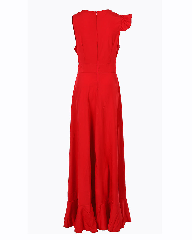 Deep V-Neck Sleeveless Ruched Ruffle Hem Slit Prom Dress Elegant Twist Front Zipper Back Evening Dress