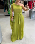 CHICME Women's One-Shoulder Pleated Maxi Dress Asymmetric Draped Cape Sleeve Twist Front Party Dress Elegant High-Waist Evening Dress