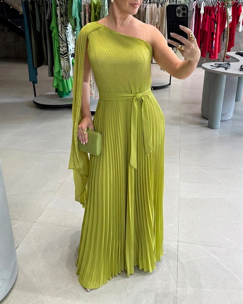 CHICME Women's One-Shoulder Pleated Maxi Dress Asymmetric Draped Cape Sleeve Twist Front Party Dress Elegant High-Waist Evening Dress