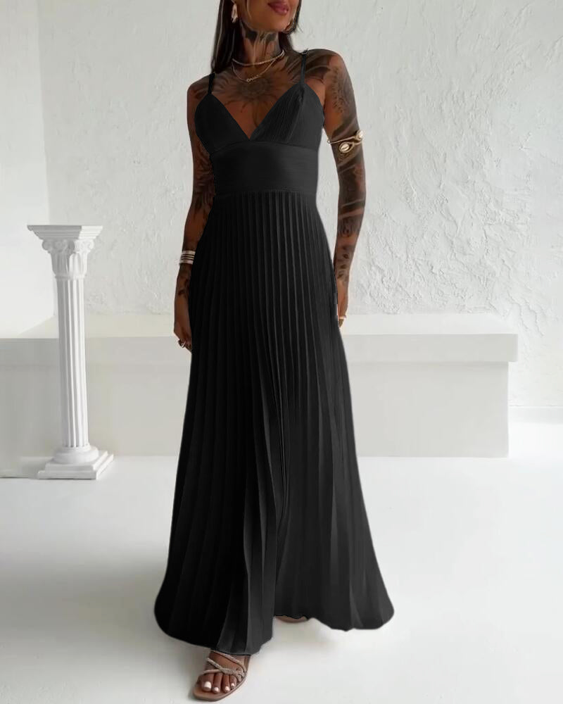 Deep V Neck Adjustable Spaghetti Straps Backless Pleated Dress Elegant Zipper Side Tie Back Maxi Dress