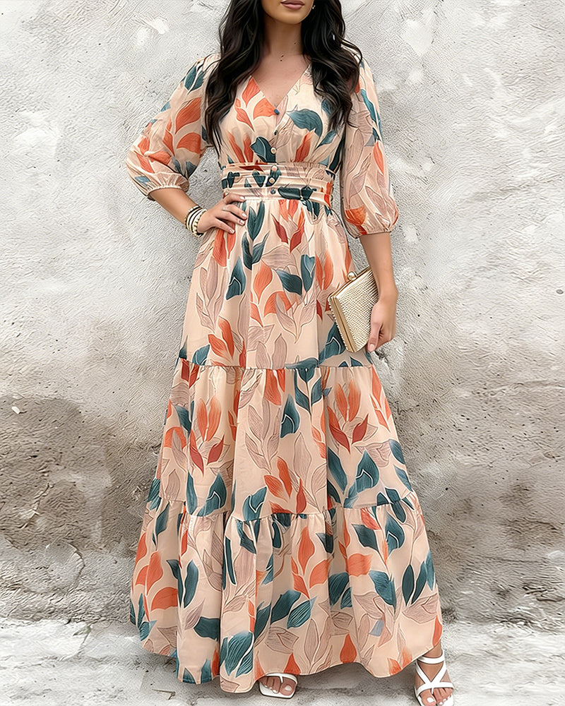 Plants Print V-Neck Half Sleeve Shirred Back Maxi Dress Casual Button Decor Ruched Ruffle Hem Vacation Dress