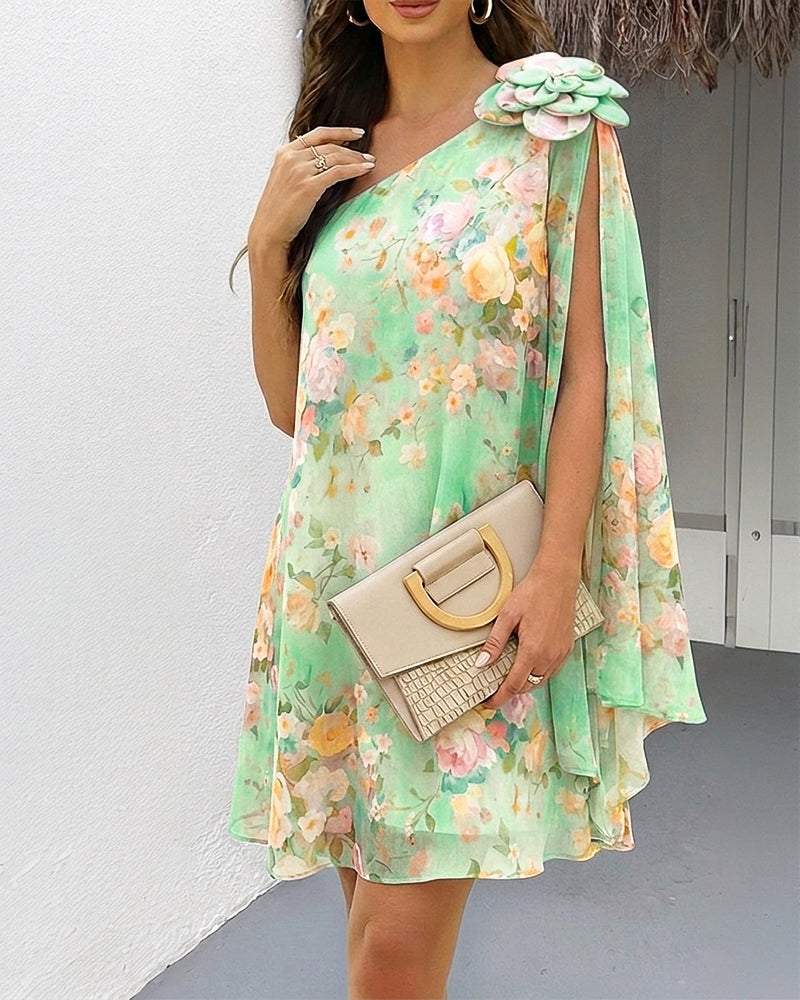 Women's Floral Print One-Shoulder Chiffon Dress 3D Floral Decor Split Sleeve Loose A-Line Mini Dress