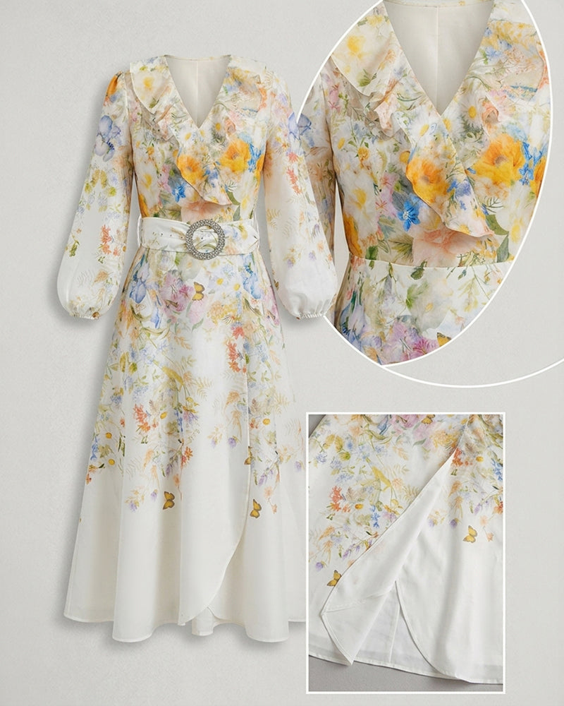 Women’s Floral Print Ruffle V Neck Wrap Midi Dress Lantern Sleeve High Waist A-Line Vacation Dress with Belt