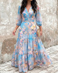 Women's Watercolor Floral V-Neck Shirred High Waist Maxi Dress Three Quarters Lantern Sleeve A-Line Ruffle Hem Chiffon Vacation Dress