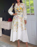 Women’s Floral Print Ruffle V Neck Wrap Midi Dress Lantern Sleeve High Waist A-Line Vacation Dress with Belt