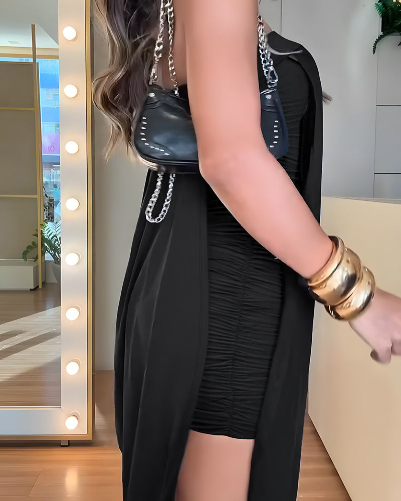 Women's Faux Two-Piece Dress Strapless Tube Dress Ruched Asymmetric Hem Dress with Detachable Clear Straps