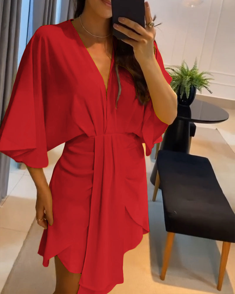 Plunge Bell Sleeve Asymmetrical Hem Casual Dress Draped Mini Dress
