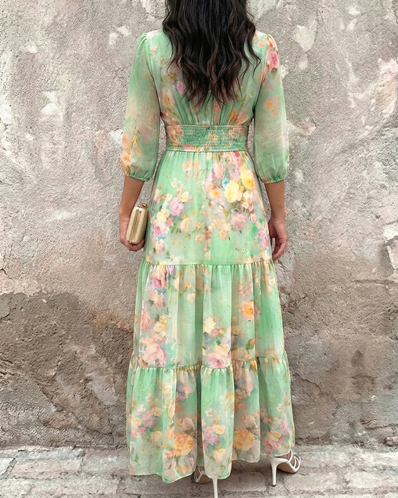 Women's Watercolor Floral V-Neck Shirred High Waist Maxi Dress Three Quarters Lantern Sleeve A-Line Ruffle Hem Chiffon Vacation Dress