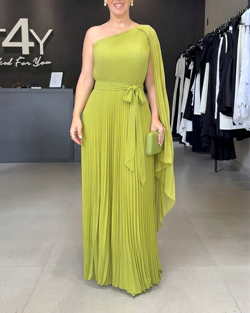CHICME Women's One-Shoulder Pleated Maxi Dress Asymmetric Draped Cape Sleeve Twist Front Party Dress Elegant High-Waist Evening Dress