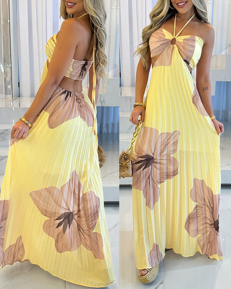 Women's Sexy Halter Tie Floral Maxi Dress Cutout Backless Pleated A-Line Dress Casual Shirred Back Vacation Dress