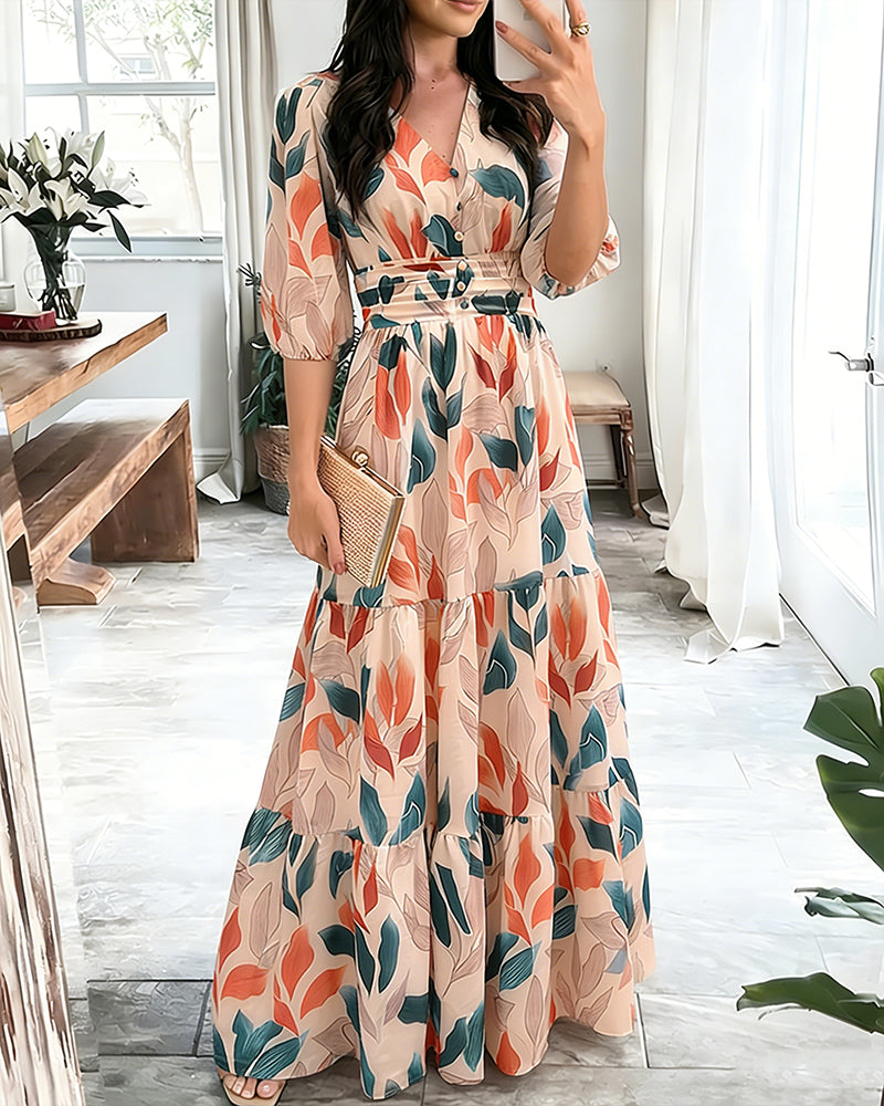 Plants Print V-Neck Half Sleeve Shirred Back Maxi Dress Casual Button Decor Ruched Ruffle Hem Vacation Dress
