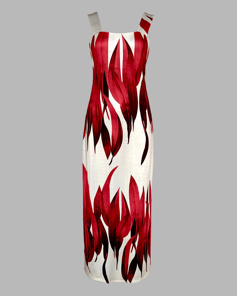 Plants Print Square Neck Thick Strap Maxi Dress Casual Slim Fit Side Slit Vacation Dress with Pockets