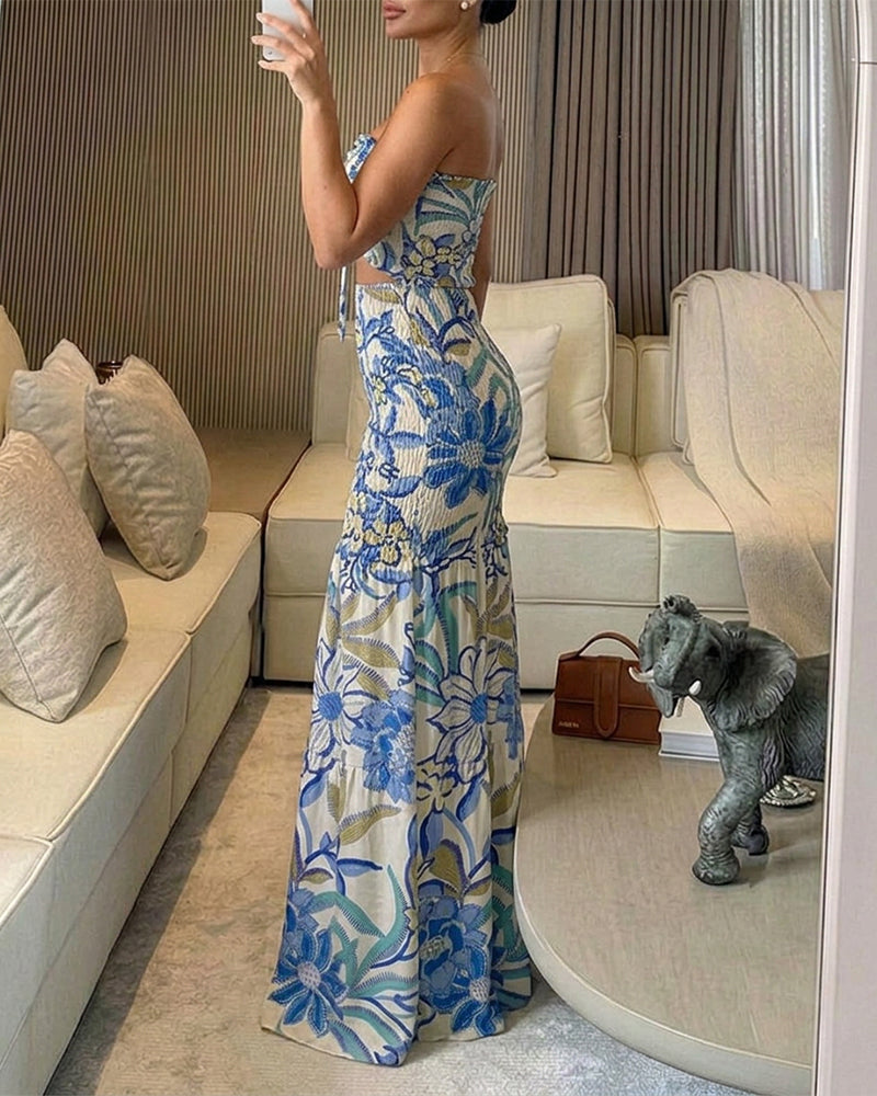 Women's Tropical Floral Bandeau Dress Sexy Drawstring Cutout Shirred Waist Mermaid Dress Ruffle Hem Vacation Maxi Dress
