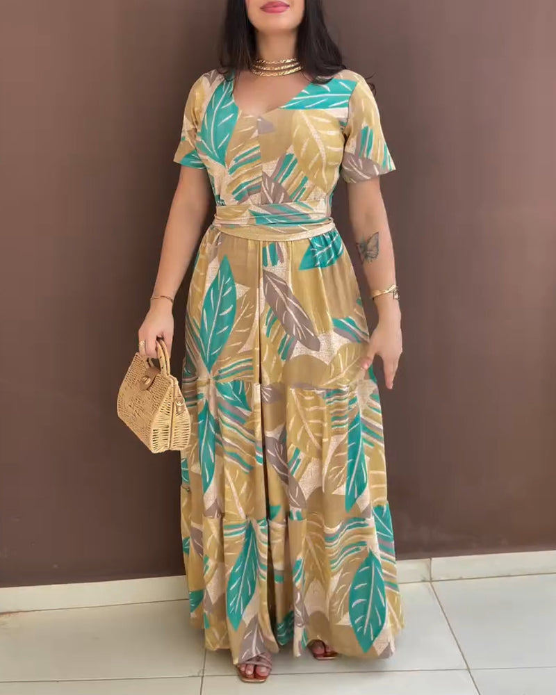 Plants Print V-Neck Short Sleeve Tie Waist Maxi Dress Casual Cinched Waist Ruffle Hem Vacation Dress