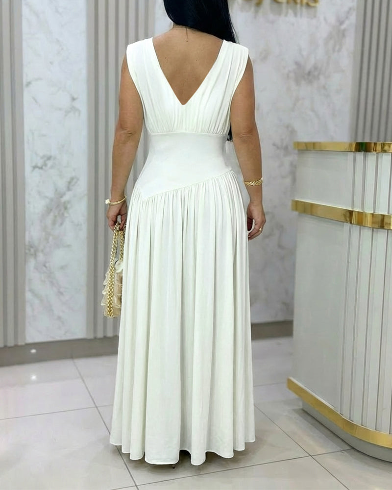 Women's Deep V-Neck Ruched Maxi Dress Elegant Front & Back Reversible Flowy Gown High-Waisted A-Line Evening Party Dress