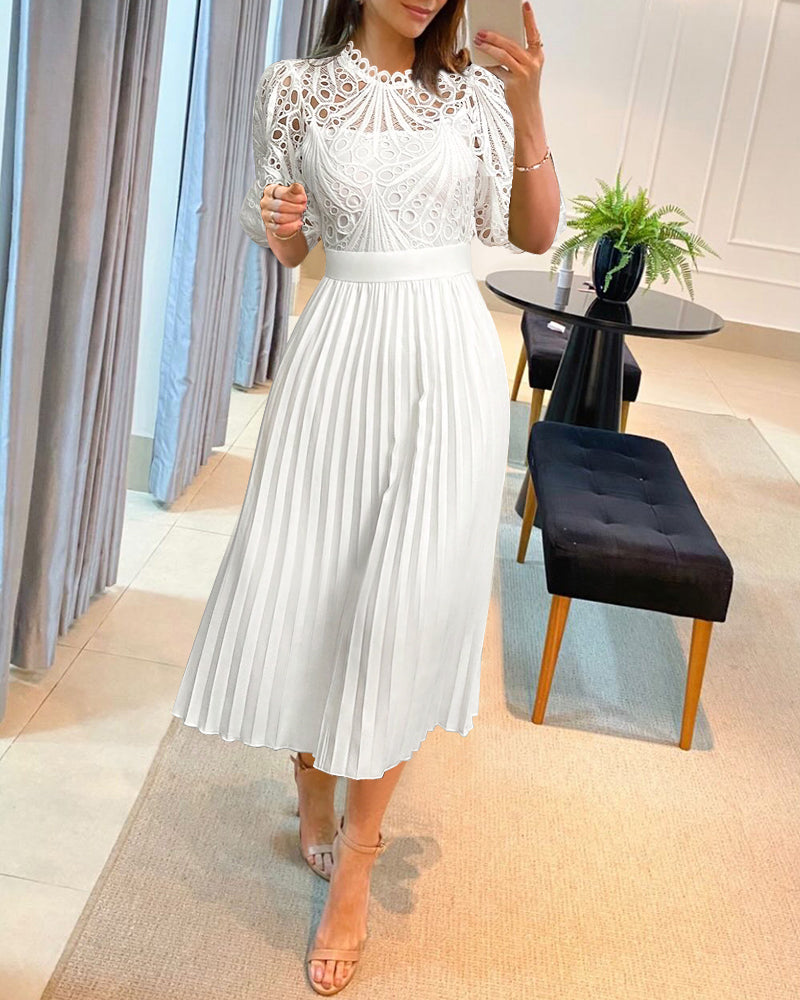 Stand Collar Puff Sleeve Lace Hollow-out Party Dress Zipper Back Pleated Dress