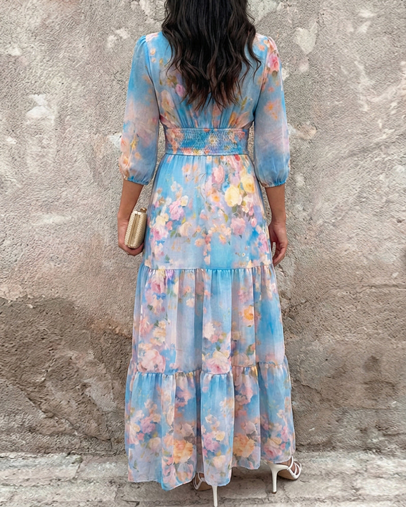 Women's Watercolor Floral V-Neck Shirred High Waist Maxi Dress Three Quarters Lantern Sleeve A-Line Ruffle Hem Chiffon Vacation Dress