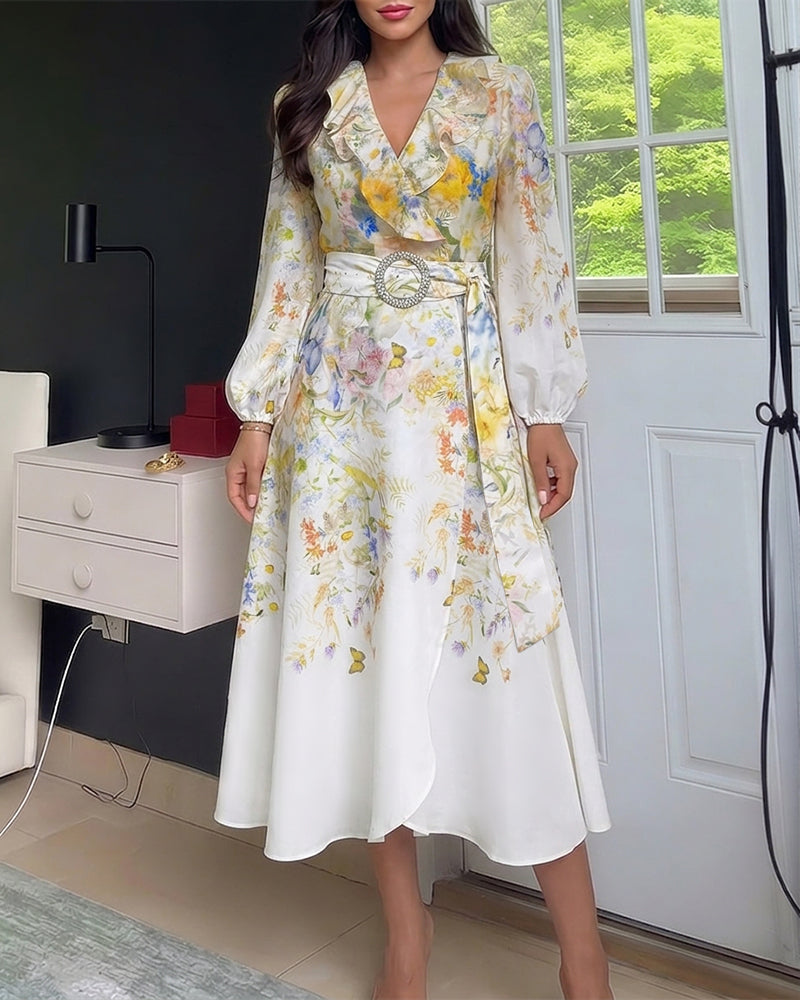Women’s Floral Print Ruffle V Neck Wrap Midi Dress Lantern Sleeve High Waist A-Line Vacation Dress with Belt