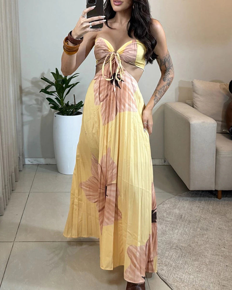 Women's Sexy Halter Tie Floral Maxi Dress Cutout Backless Pleated A-Line Dress Casual Shirred Back Vacation Dress