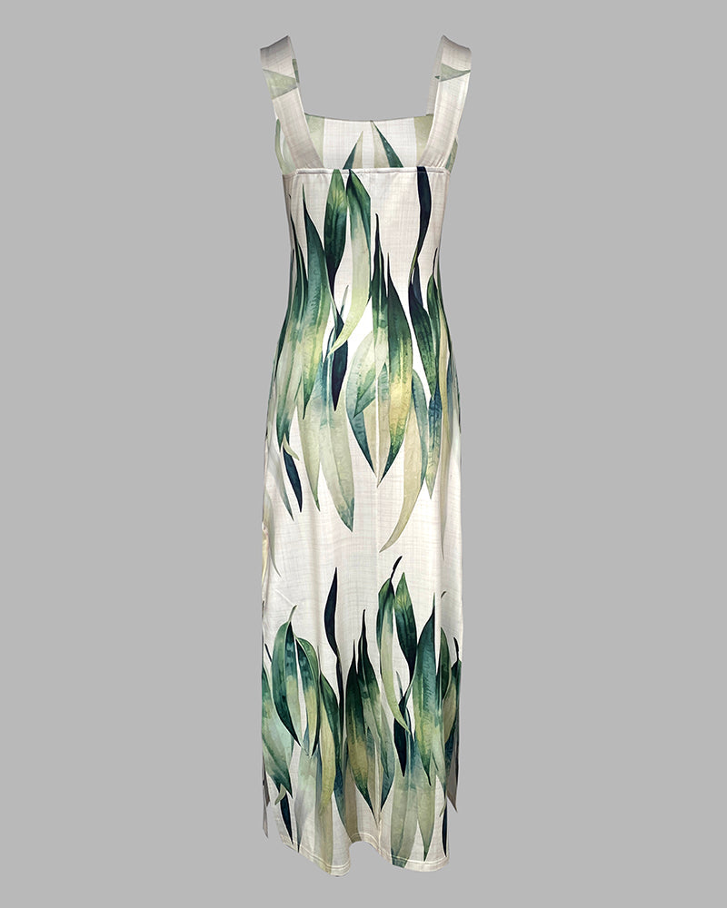 Plants Print Square Neck Thick Strap Maxi Dress Casual Slim Fit Side Slit Vacation Dress with Pockets