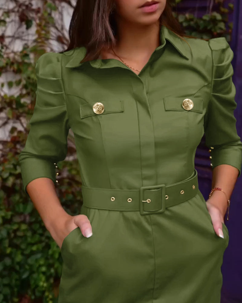 Turn-down Collar Long Sleeve Button Decor Front Slit Slim Fit Mid-Calf Dress Work Bodycon