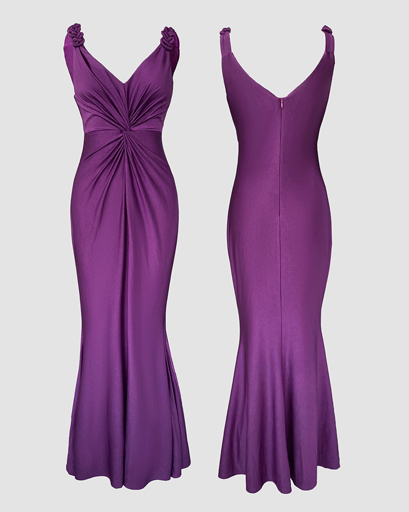 Deep V-Neck Braided Straps Twist Front Cinched Waist Evening Dress Casual Zipper Back Mermaid Hem Satin Maxi Dress