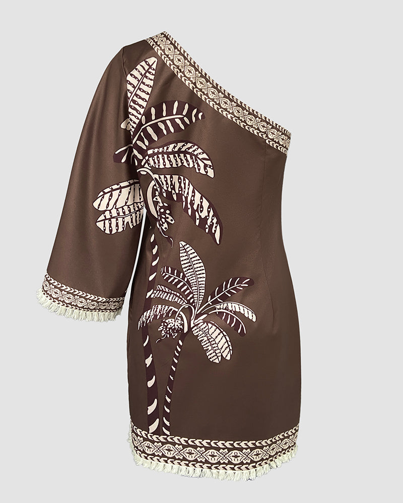 Tropical Print One Shoulder Three Quarters Sleeve A Line Dress Casual Side Zipper Fringe Vacation Dress