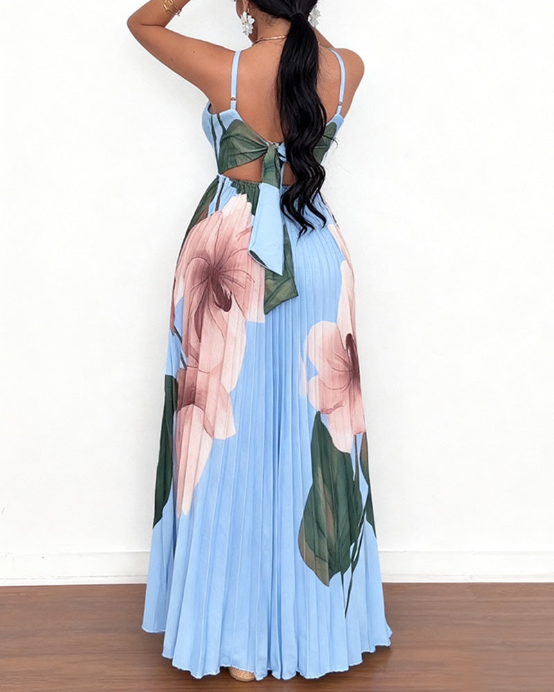 Floral Placement Print Sweetheart Neck Adjustable Spaghetti Straps Backless Maxi Dress Casual Cinched Waist Tie Back Pleated Vacation Dress