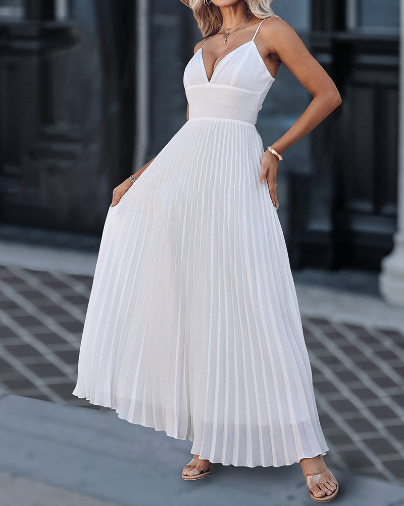 Deep V Neck Adjustable Spaghetti Straps Backless Pleated Dress Elegant Zipper Side Tie Back Maxi Dress
