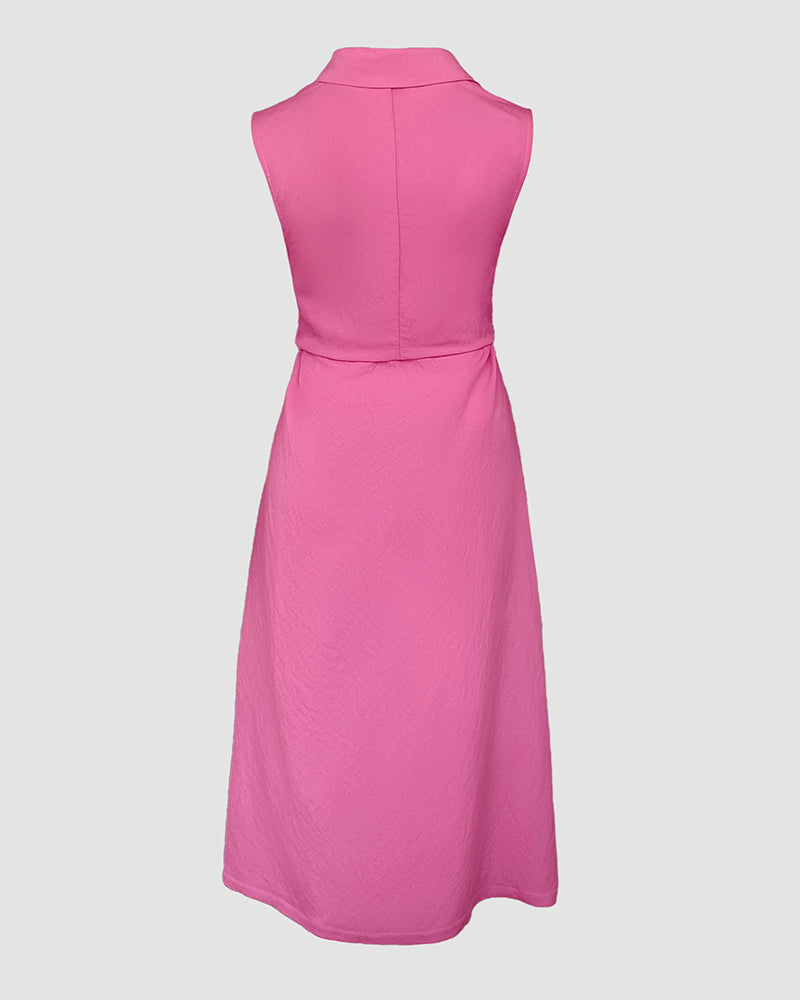 Turn-down Collar Sleeveless Button Front Shirt Dress Casual Open Back Tied Detail Commuting Dress