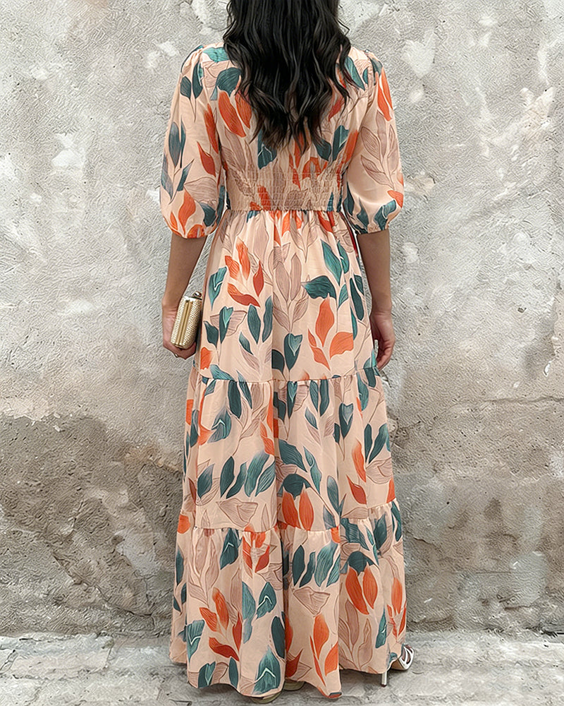 Plants Print V-Neck Half Sleeve Shirred Back Maxi Dress Casual Button Decor Ruched Ruffle Hem Vacation Dress