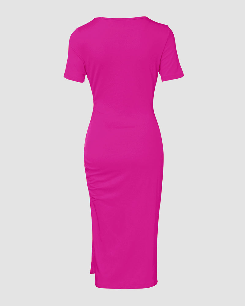 O Neck Short Sleeve Solid Color Cut