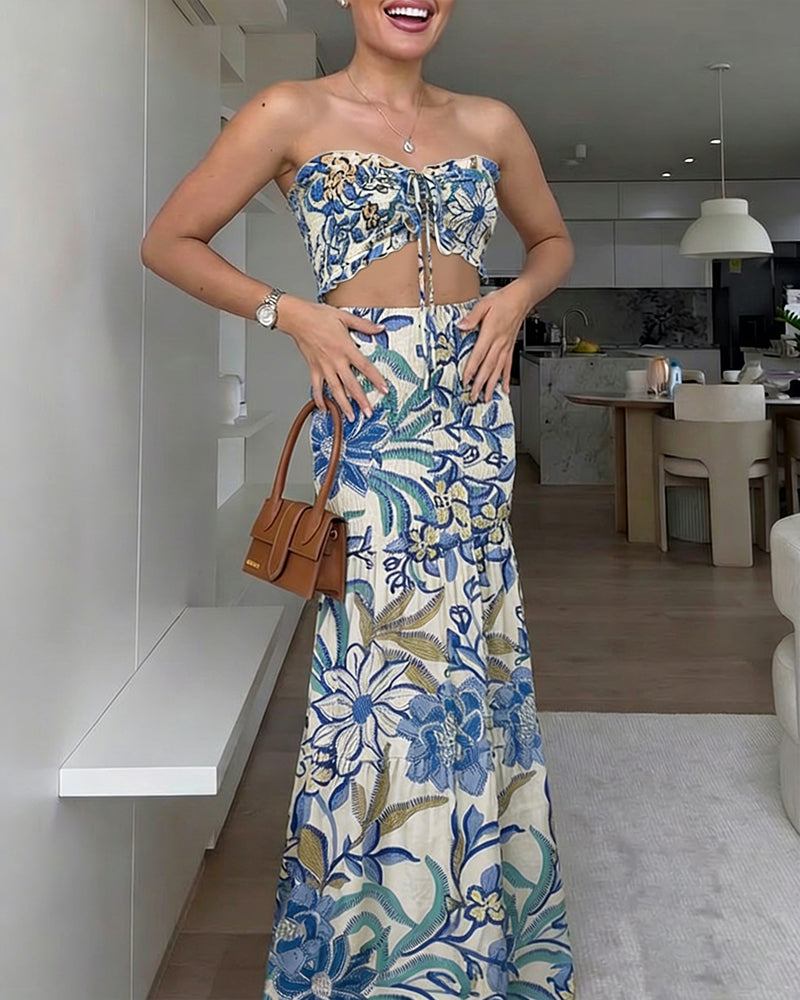 Women's Tropical Floral Bandeau Dress Sexy Drawstring Cutout Shirred Waist Mermaid Dress Ruffle Hem Vacation Maxi Dress